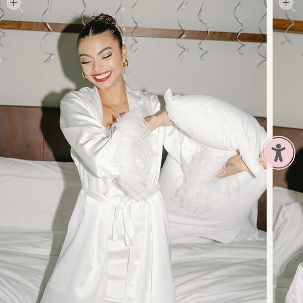 Revelry White Satin Robe with Feather Trim